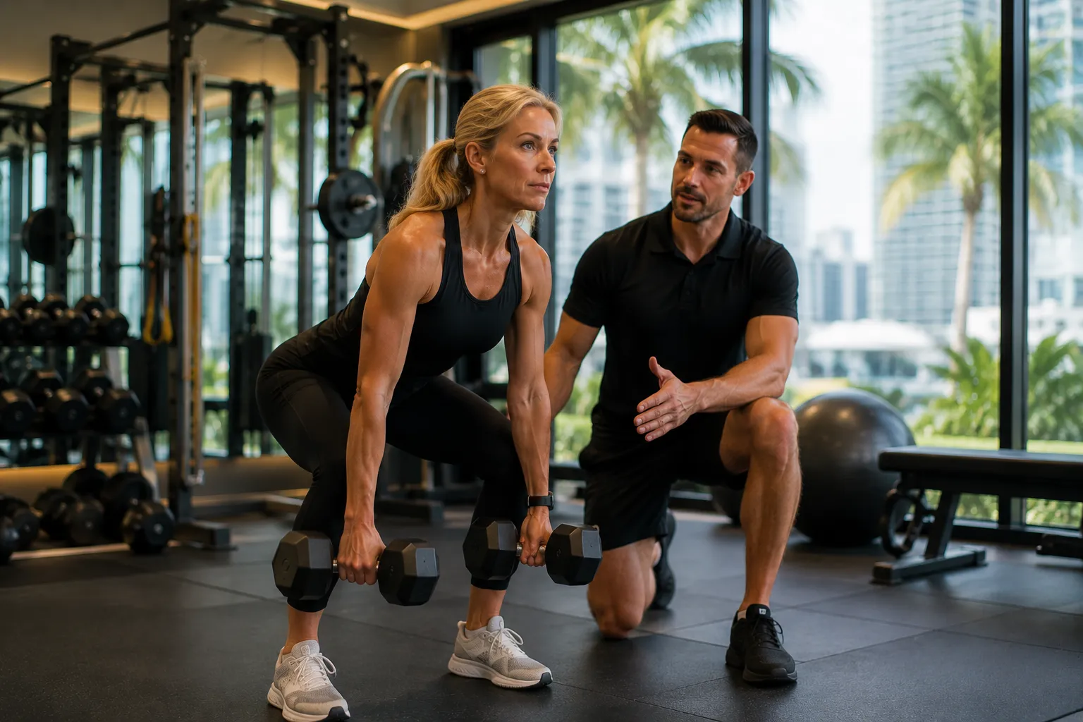 Personal trainer coaching a menopausal woman through a strength workout in a private Miami gym focused on building muscle, improving metabolism, supporting bone density, and increasing confidence during menopause.
