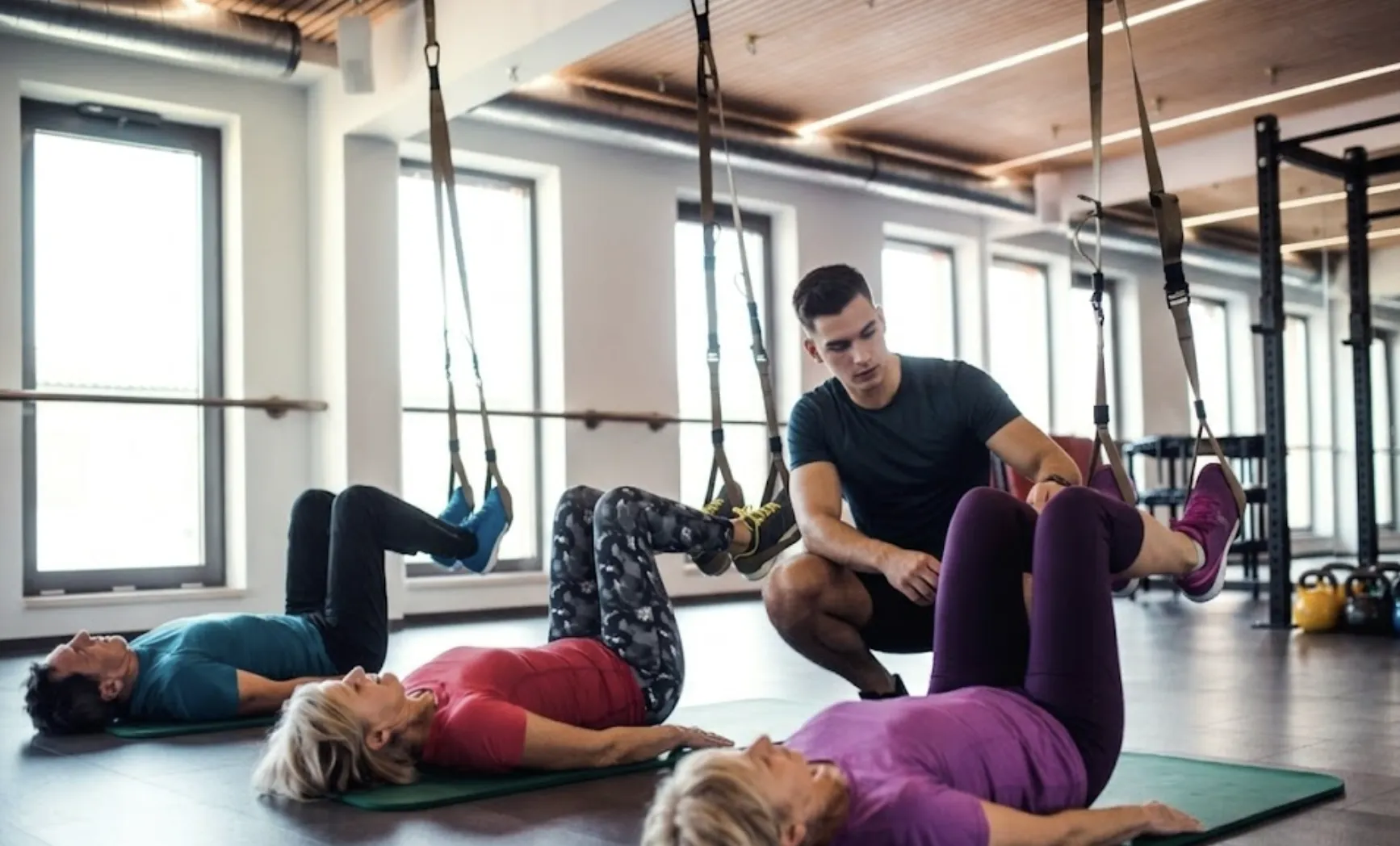 A diverse group of active seniors—three women and one man—lie on green exercise mats in a bright, private fitness studio overlooking a Miami skyline and palm trees. They are performing a synchronized supine hamstring curl using individual hanging suspension straps. A professional male personal trainer in a black shirt coaches them, checking the alignment of a female participant in a red top and patterned leggings. The scene illustrates the targeted balance and mobility training at Dubail Fitness in Brickell, aimed at safe and strong daily movement
