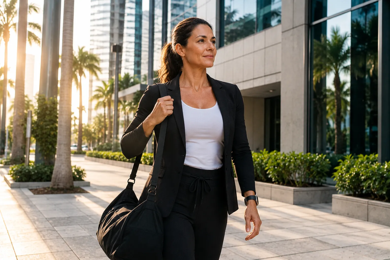 Woman over 40 walking through Brickell Miami with gym bag for body transformation coaching session