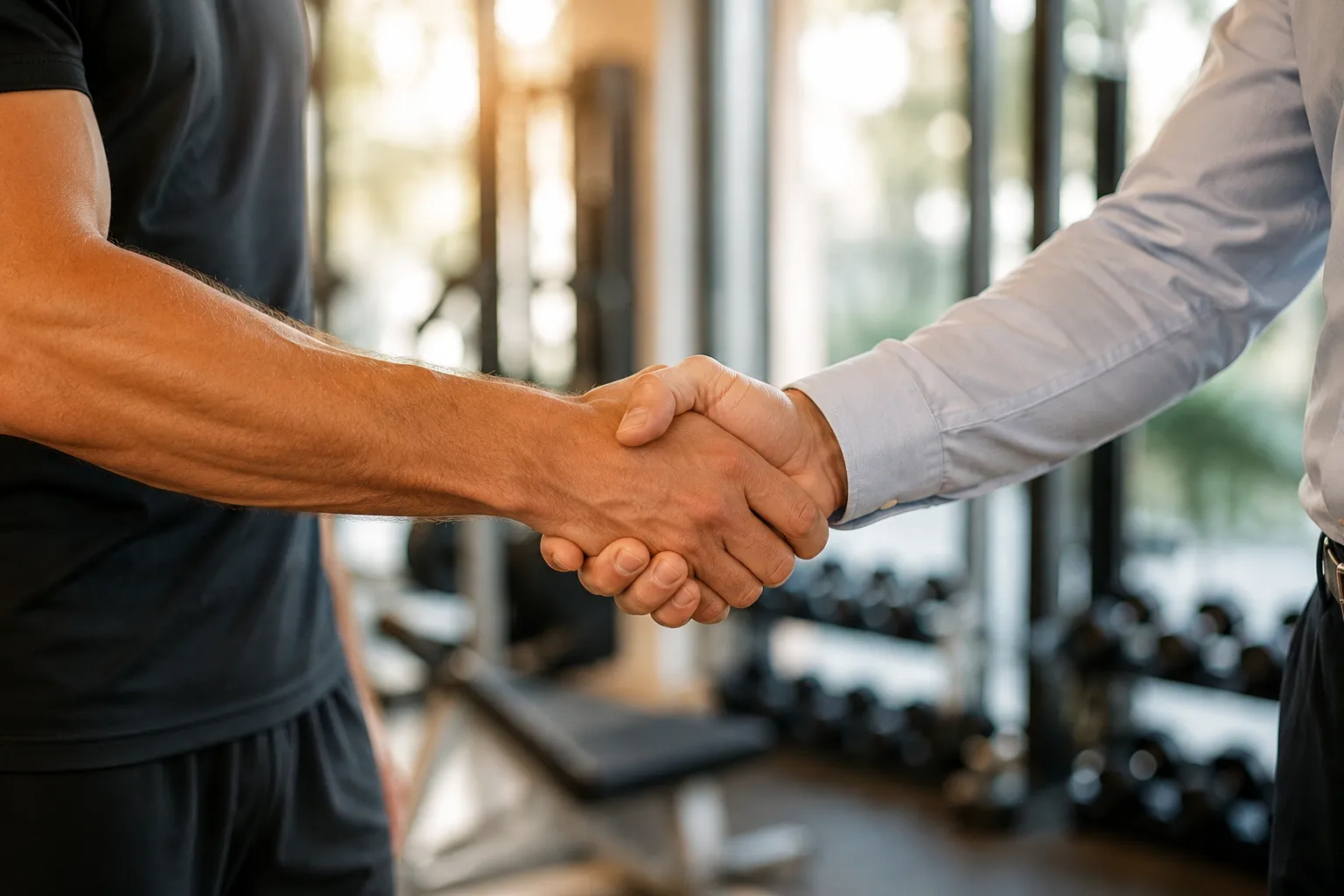 Client and certified personal trainer shaking hands at a private gym studio in Miami FL