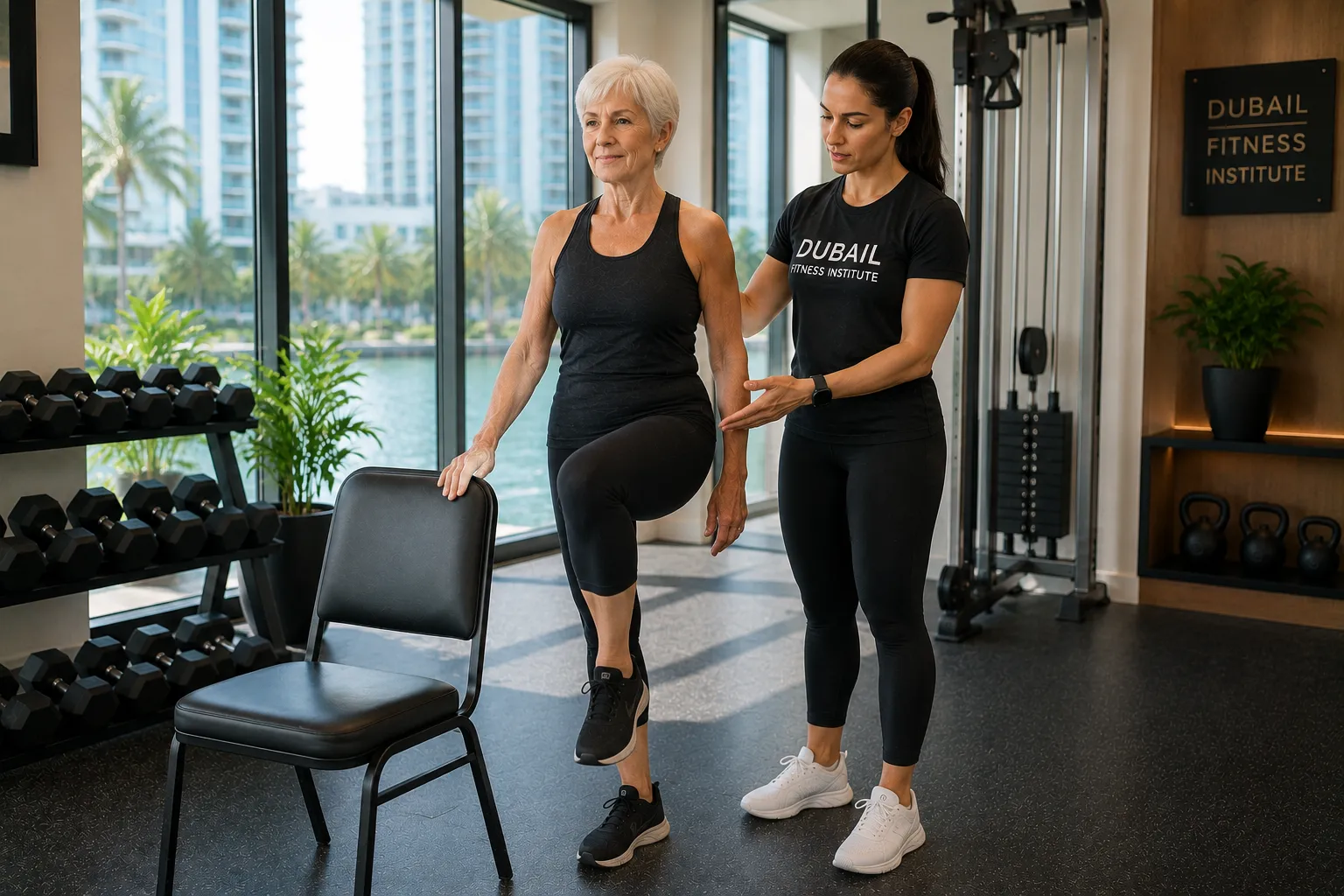Older woman doing balance training as part of a fall prevention exercise program with a personal trainer in Miami