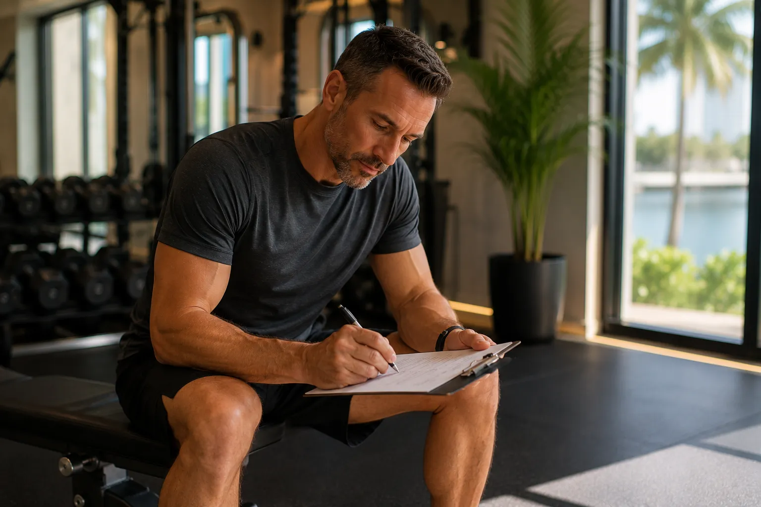 Man reviewing training logs with a fat loss coach using data driven methods at a private gym in Miami