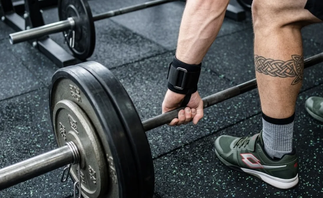A close-up, high-angle view of an athlete's hands and feet as they prepare for a deadlift in a private personal training studio in Brickell. The image shows a barbell loaded with heavy plates on a rubber-tiled floor, a hand with a supportive wrist strap gripping the knurling, and a leg with a traditional tattoo, emphasizing the mastery of movement patterns and safety taught during the first month of personal training in Miami.