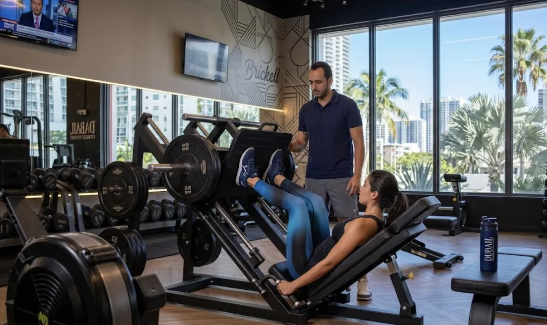 Inside a spacious, premium personal training studio in Brickell, Miami, a professional male trainer in a navy polo shirt monitors a woman's form as she performs heavy leg presses. Large floor-to-ceiling windows look out onto a sunlit view of palm trees and Miami high-rises, emphasizing the focused, private environment of Dubail Fitness Institute. The scene illustrates how tracking strength progression on specialized equipment provides a truer measurement of body composition and fitness progress than the scale alone.
