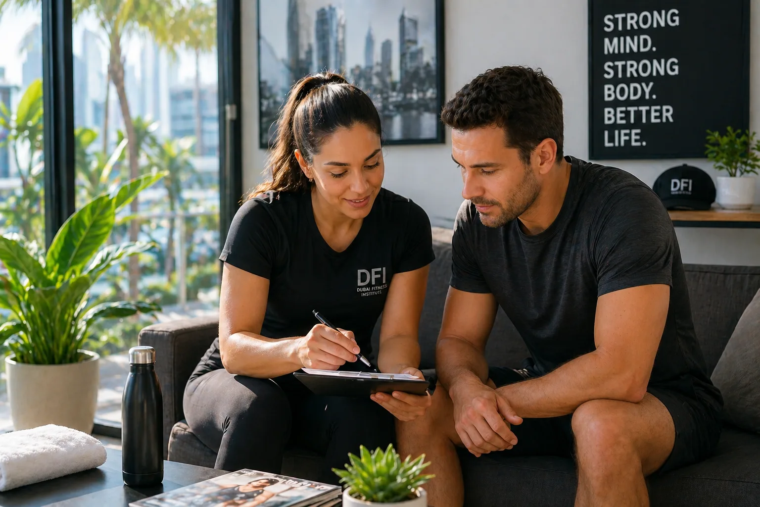A professional female trainer and a male client sit together in a sunlit Brickell studio for a private fitness assessment. The trainer reviews a health and lifestyle questionnaire on a clipboard, highlighting the data-driven approach to mobility and strength. The background features a 