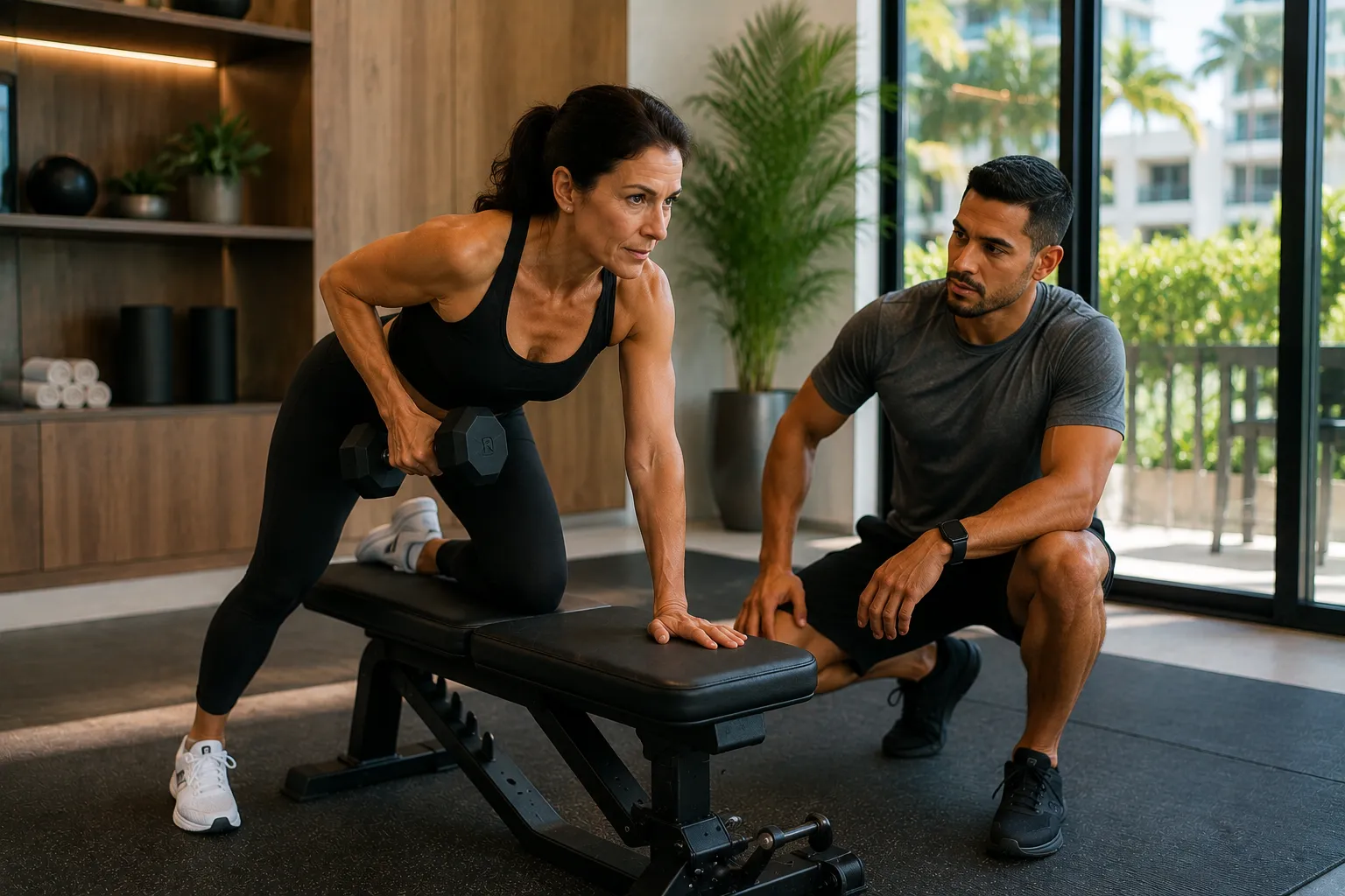 Woman over 50 doing strength training with a private fitness coach at a gym in Brickell Miami