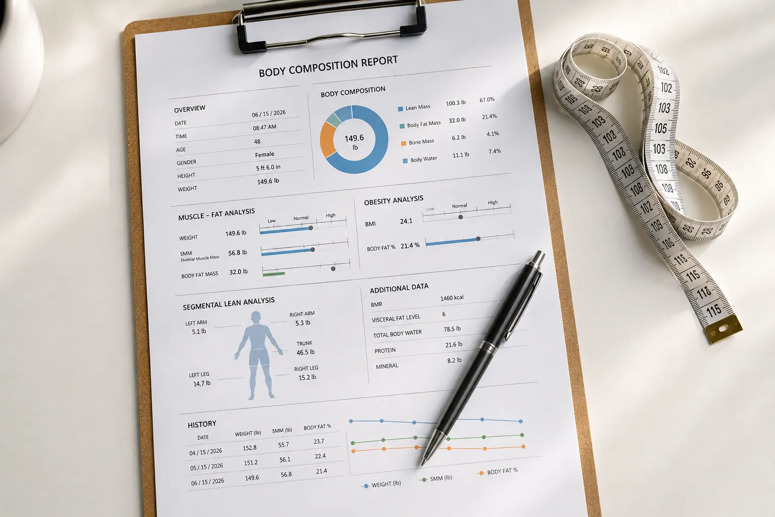 Body composition report and measuring tape for fitness evaluation and testing at a private gym in Miami