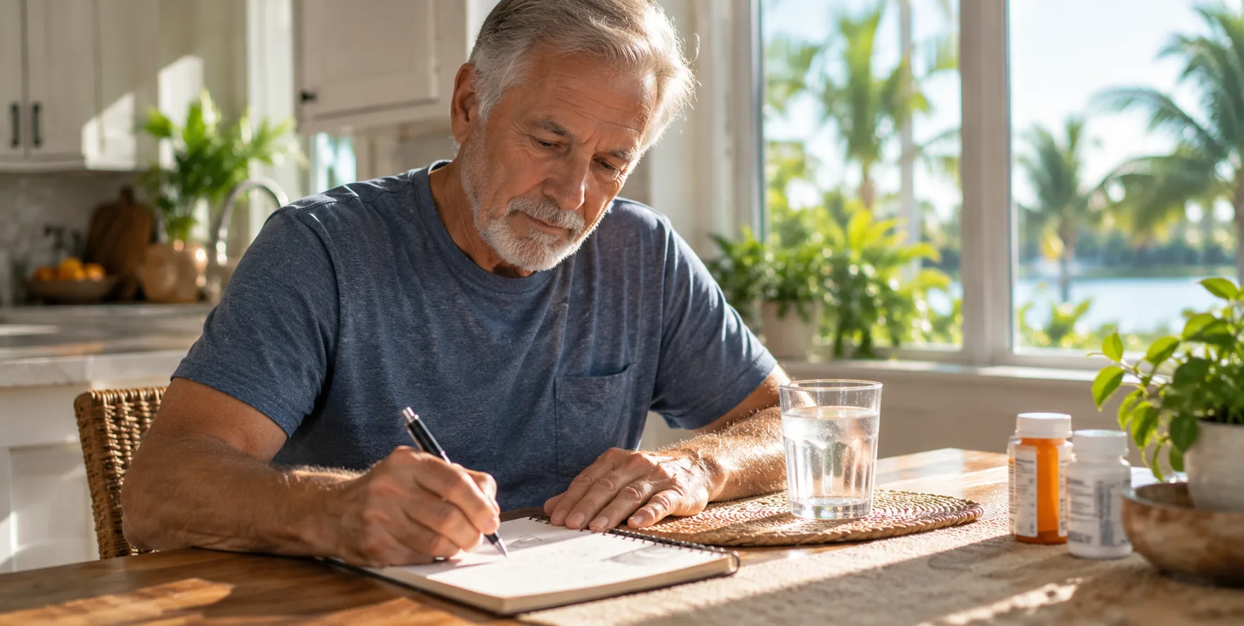 Senior Fitness Evaluation and Testing in Miami for Balance Dizziness and Neuropathy Older adult preparing notes before fitness evaluation and testing in Miami for balance and dizziness concerns