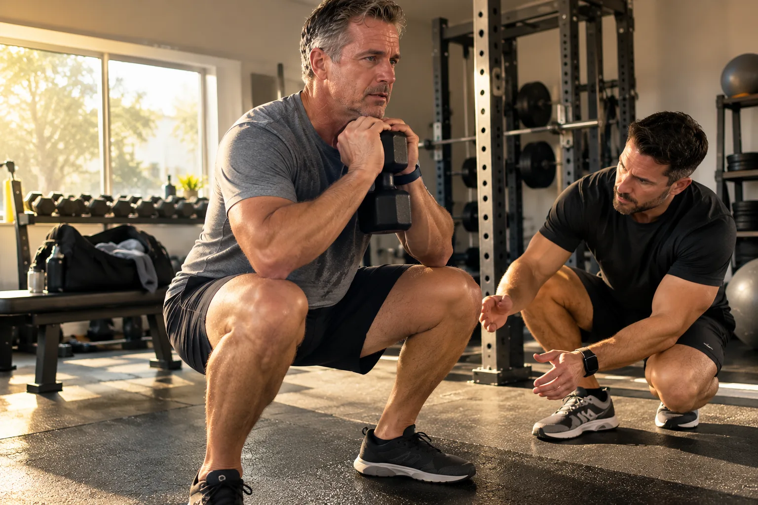Fitness Evaluation and Testing in Miami for Smarter Training Plan at Brickell Studio Man mid-squat during fitness evaluation and testing session at a private gym in Miami