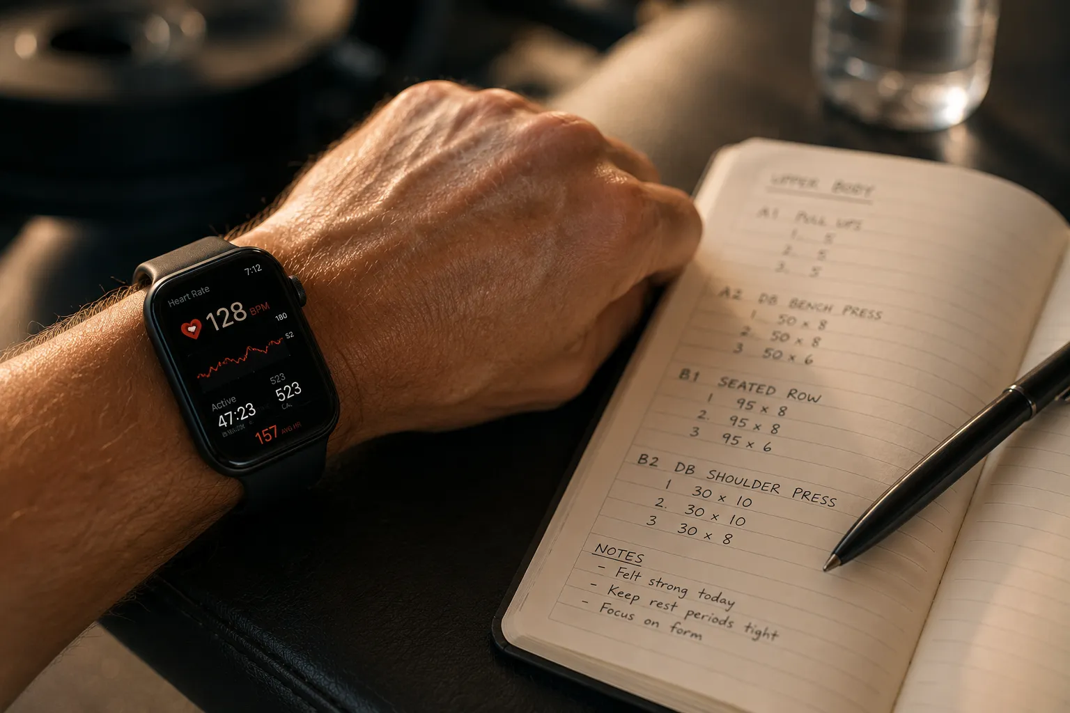 Smartwatch showing fitness data alongside training notes for movement screen evaluation at a Miami gym
