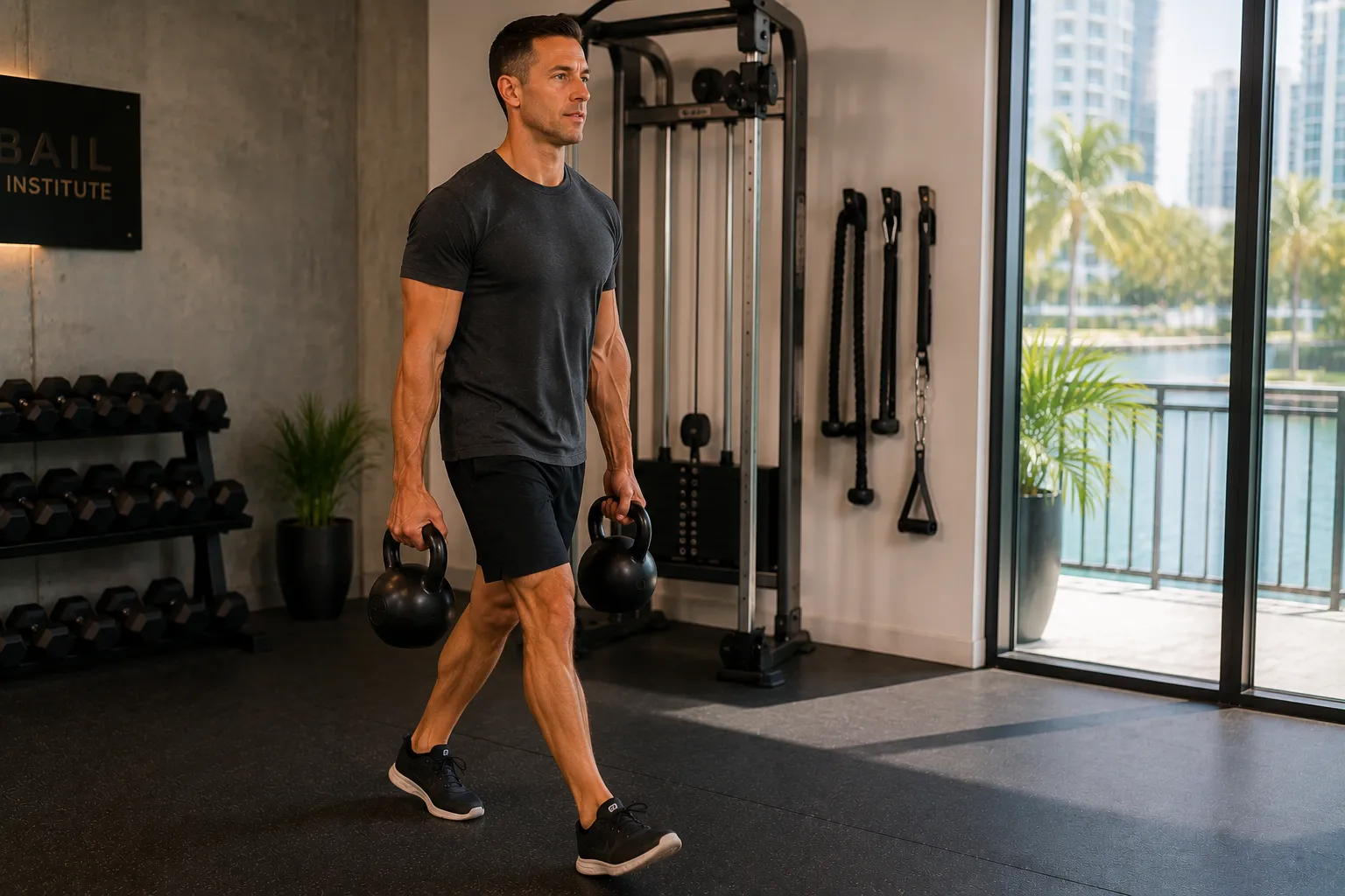 Man doing kettlebell carry for functional strength training at a private gym studio in Brickell Miami