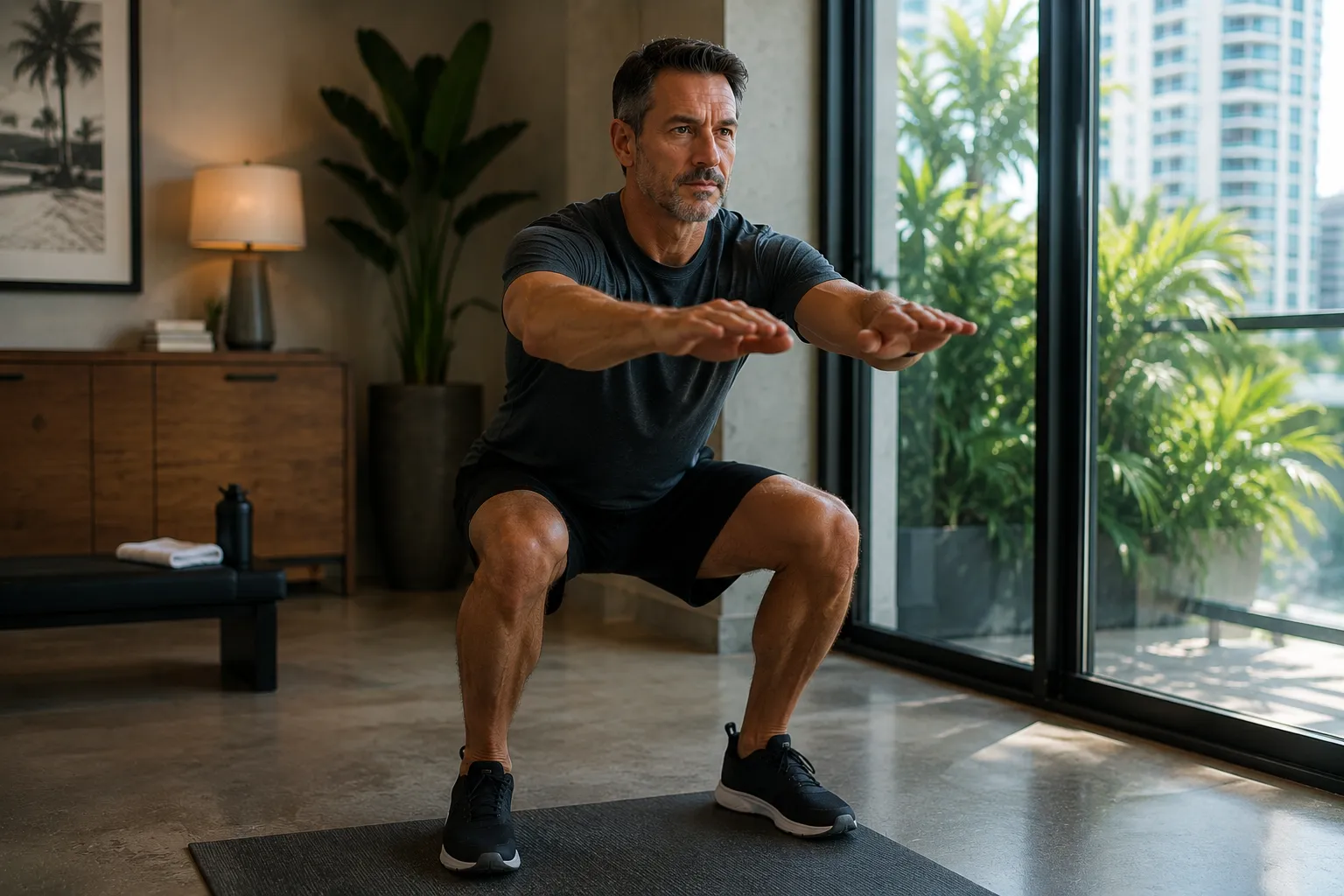 Traveler doing post-flight mobility recovery with strength and conditioning coaching at a private studio in Miami