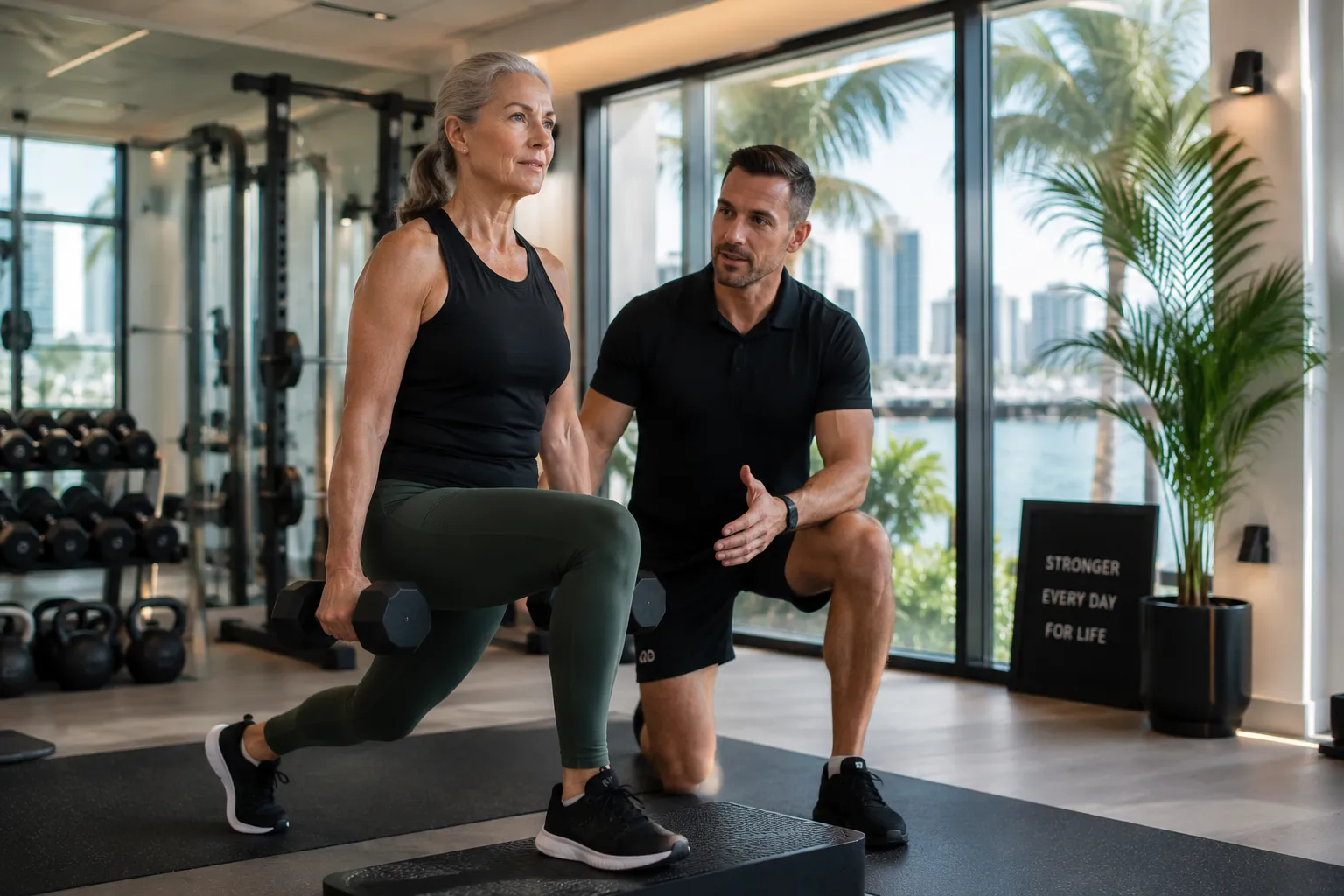 Personal trainer coaching a woman over 50 through a strength and balance workout in a private Miami gym focused on healthy aging, fat loss, mobility, and functional fitness.