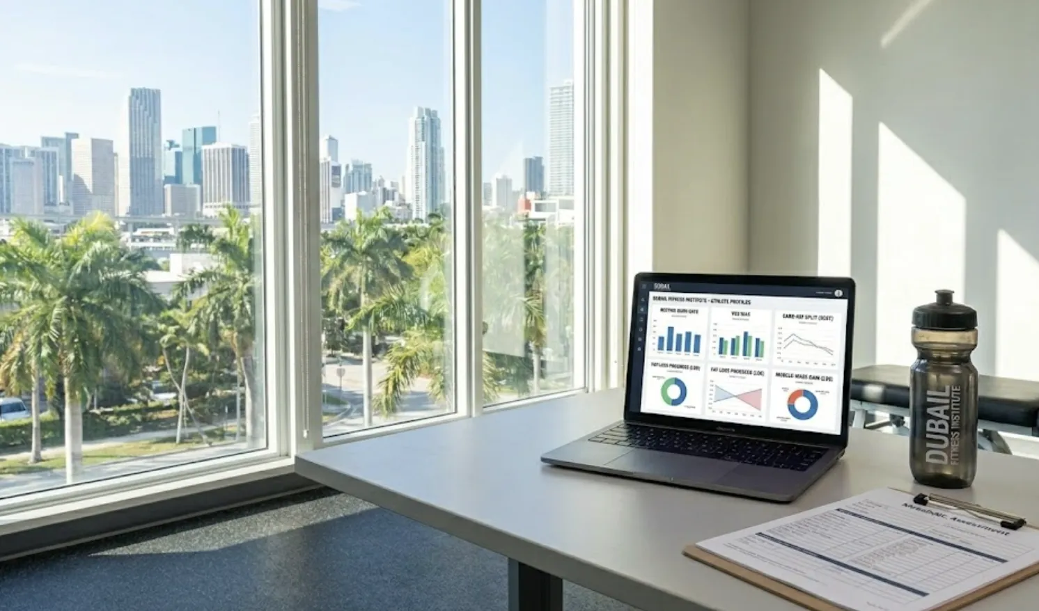 A laptop is open on a table in a sunlit Brickell Miami studio, displaying metabolic assessment data. Large windows behind the computer overlook palm trees and high-rise buildings. A 'metabolic assessment' clipboard and a branded water bottle are also on the table, highlighting the data-driven focus.