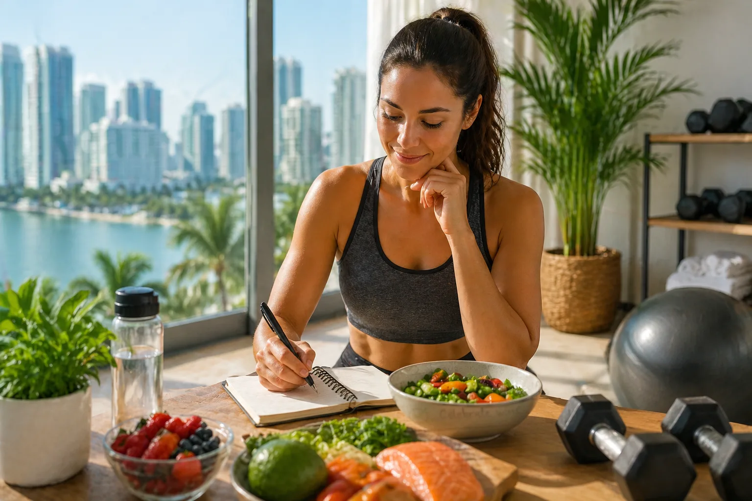 A woman in athletic wear sits in a sunlit Brickell studio, journaling her progress in a nutrition notebook. On the table is a healthy meal of grilled salmon, avocado, and fresh greens, illustrating the metabolism-boosting programs at Dubail Fitness designed for thyroid health and sustainable fat loss. The Miami skyline and palm trees are visible through the window.