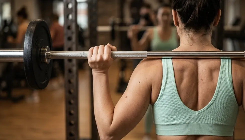 An intimate, detailed photograph of the back of a muscular woman with visible definition, firmly gripping and performing a controlled barbell squat with heavy-duty metal weights at a high-end, exclusive training studio in the Brickell neighborhood of Miami. The focus is on the textures of her skin, the knurling of the polished chrome bar, and the precise form she uses under proper coaching. The background is softly blurred with sophisticated gym elements and large floor-to-ceiling windows.