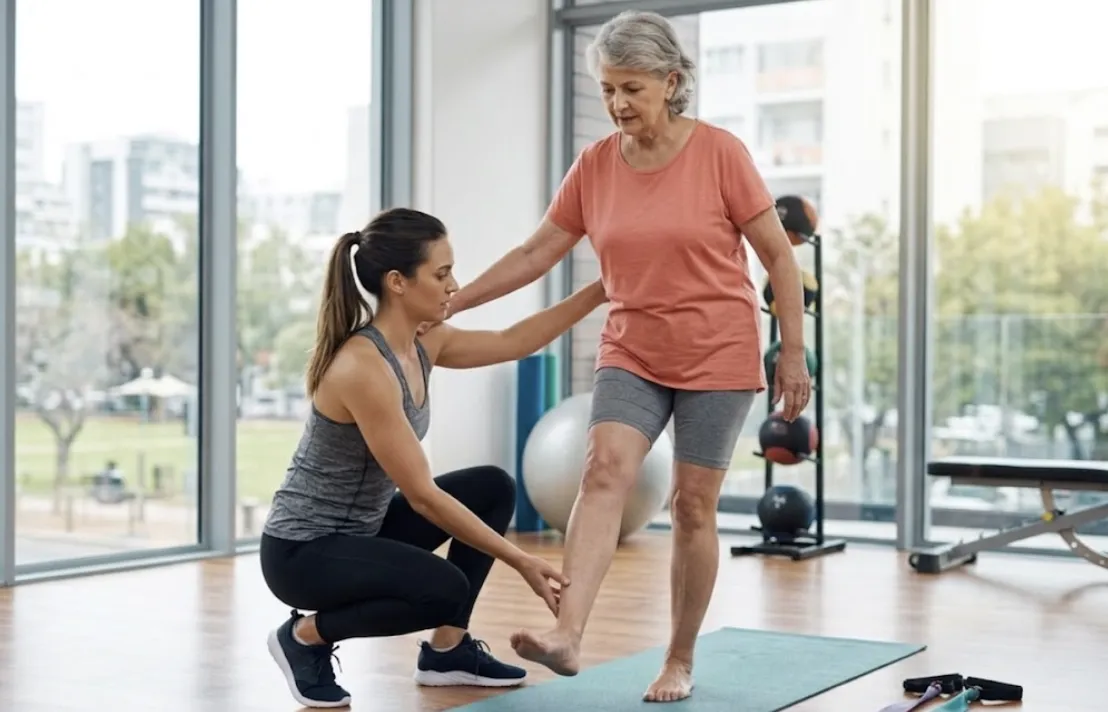 A bright, high-end fitness studio in Miami where a female personal trainer is providing one-on-one mobility coaching to a senior woman. The trainer is kneeling on a wooden floor, guiding the client through a single-leg balance and stability exercise on a green yoga mat. The senior woman, dressed in activewear, demonstrates controlled movement and focus, highlighting the "joint-friendly" and "balance-focused" pillars of retirement fitness planning. Large floor-to-ceiling windows in the background reveal an urban Miami setting, emphasizing a proactive approach to active aging and injury prevention for Brickell retirees.