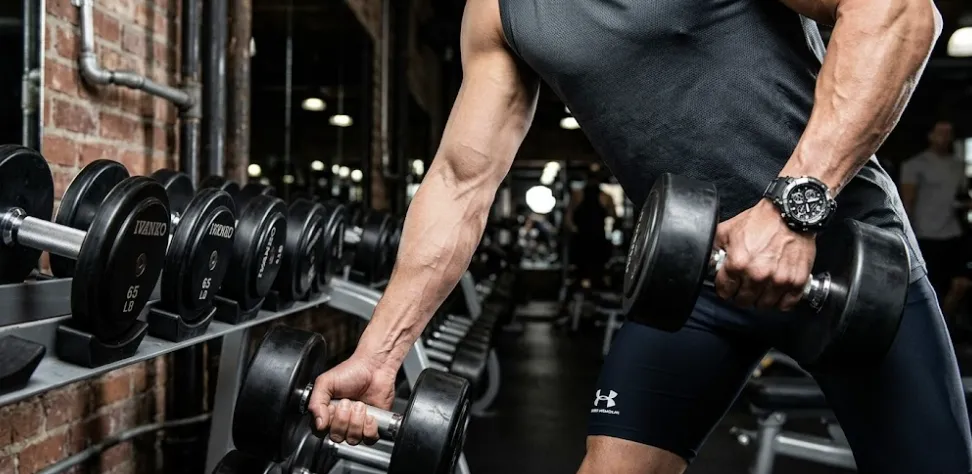 A close-up, focused photograph of a mature man's muscular arms with visible vascularity, gripping and controlled lifting of dark dumbbells from a studio gym rack in Miami. His sharp focus and deliberate movement highlight proper form and progression, illustrating how to build strength safely without overtraining or accelerating aging, aligning with the blog's core theme. The setting is a private studio with warm lighting and exposed brick.