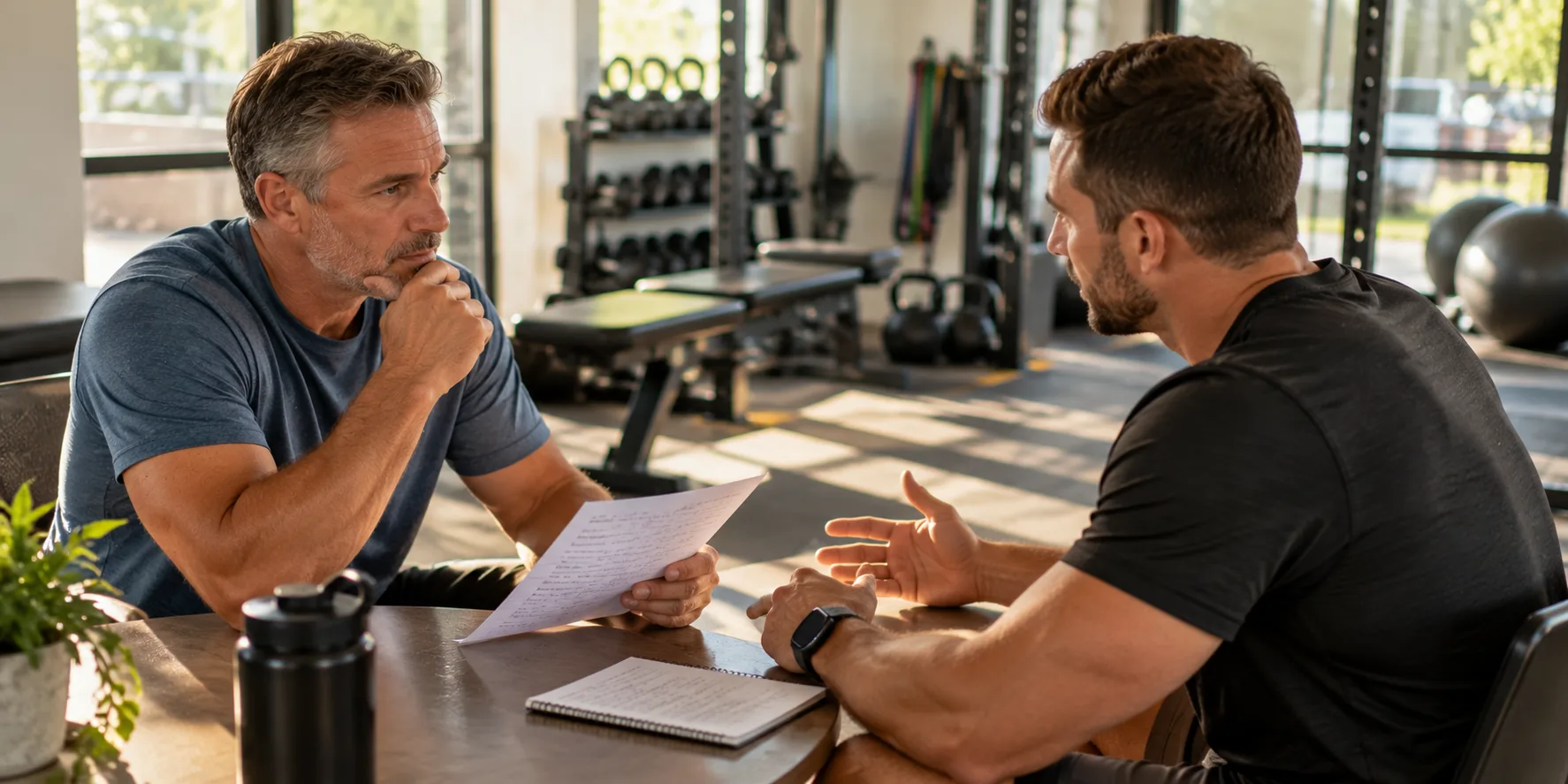 Man consulting with a muscle building coach in Miami during private studio meeting in Brickell