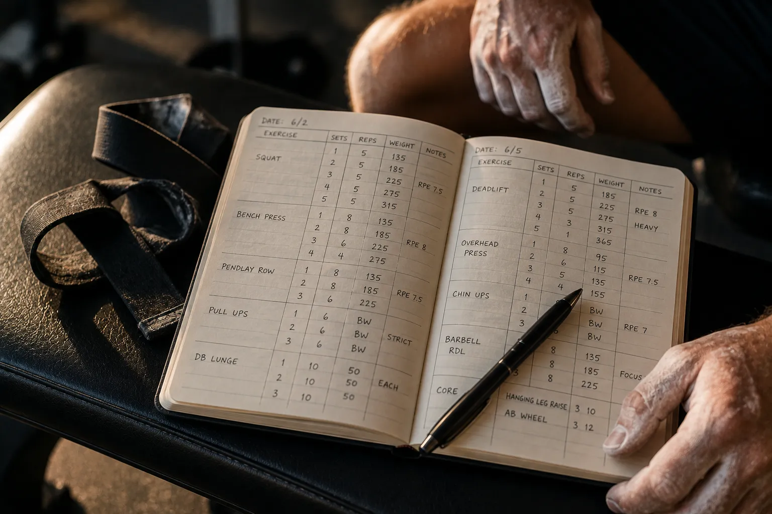 Training journal with strength plan for muscle building coaching at a private gym in Miami