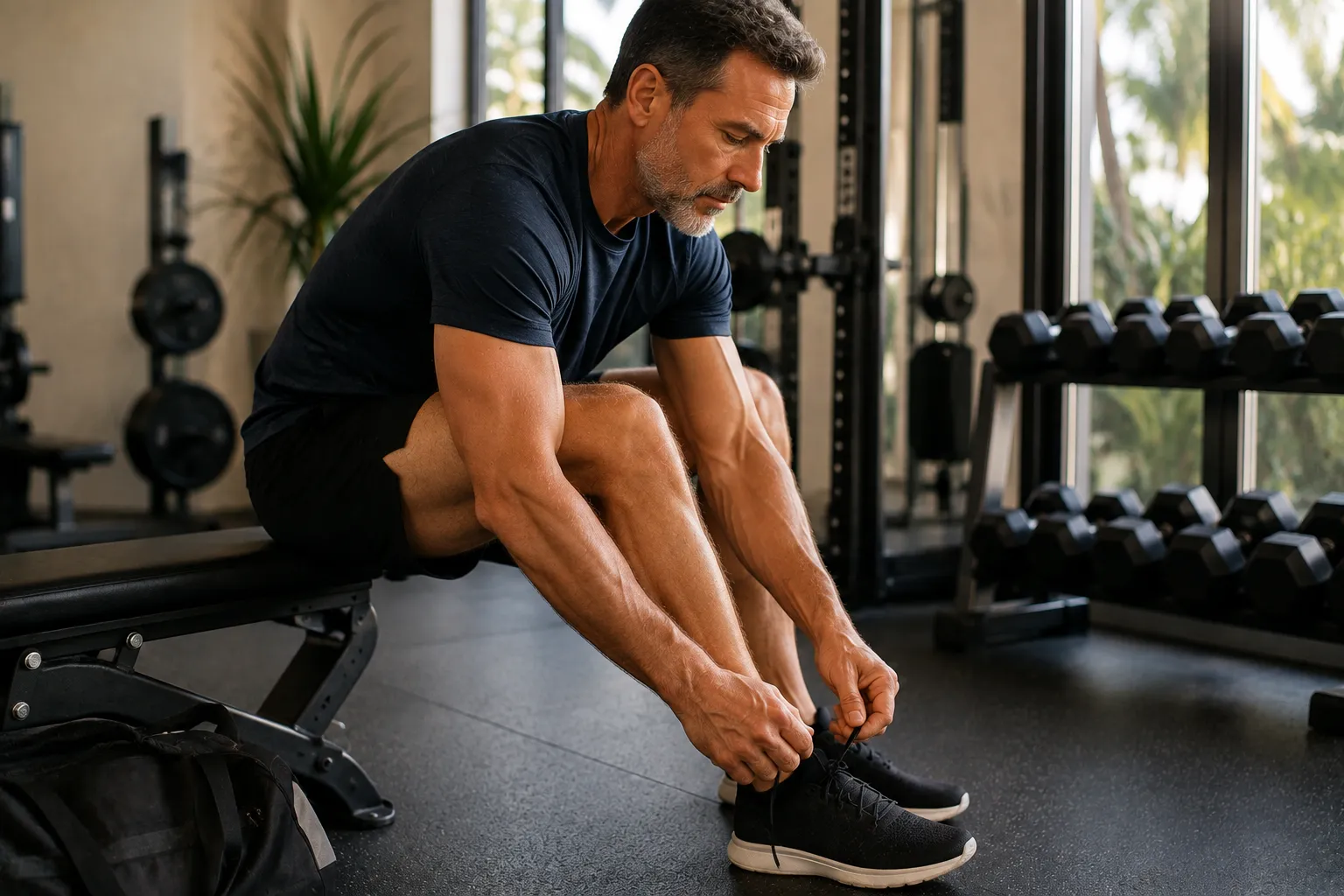 Man lacing up training shoes before strength training session with a muscle building coach at a private gym in Miami