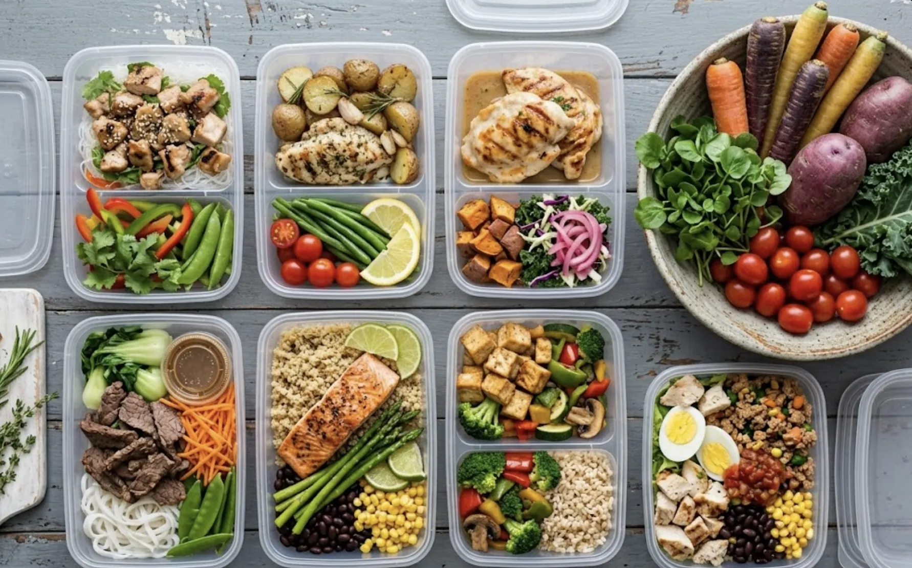 An organized, top-down view of eight clean plastic meal prep containers on a distressed grey wooden table, showcasing a variety of healthy meals that support strength and recovery. The assortment includes a 'Thai Chicken' container with glass noodles, two boxes with lemon-herb chicken and roasted potatoes, and other varied proteins like sliced beef and grilled salmon with sides like quinoa, broccoli, and black beans. A large ceramic bowl in the corner holds fresh, whole vegetables, including purple carrots, purple-skinned potatoes, kale, and cherry tomatoes, emphasizing the fresh ingredients. The image represents the structured, professional nutrition counseling programs at Dubail Fitness designed for high performers in Miami.