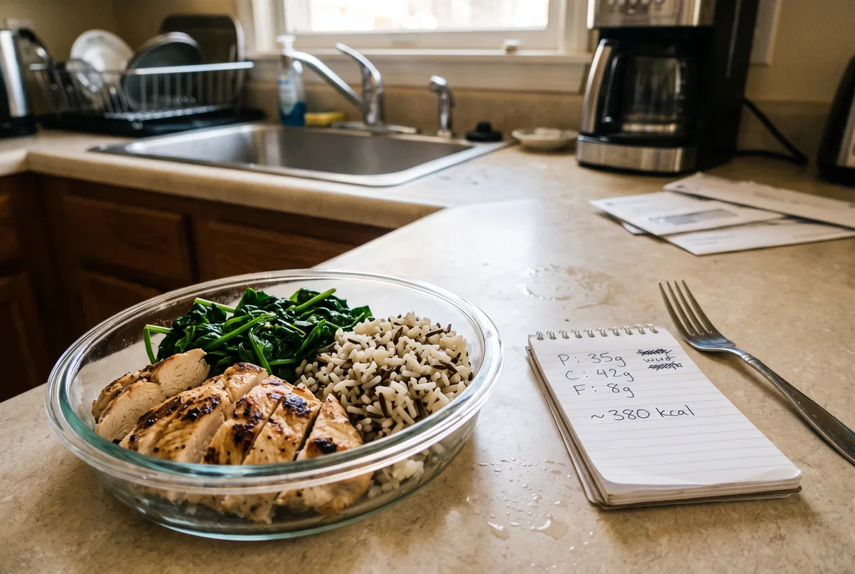 Meal with handwritten macro notes for nutritional coaching and macro audit in Miami