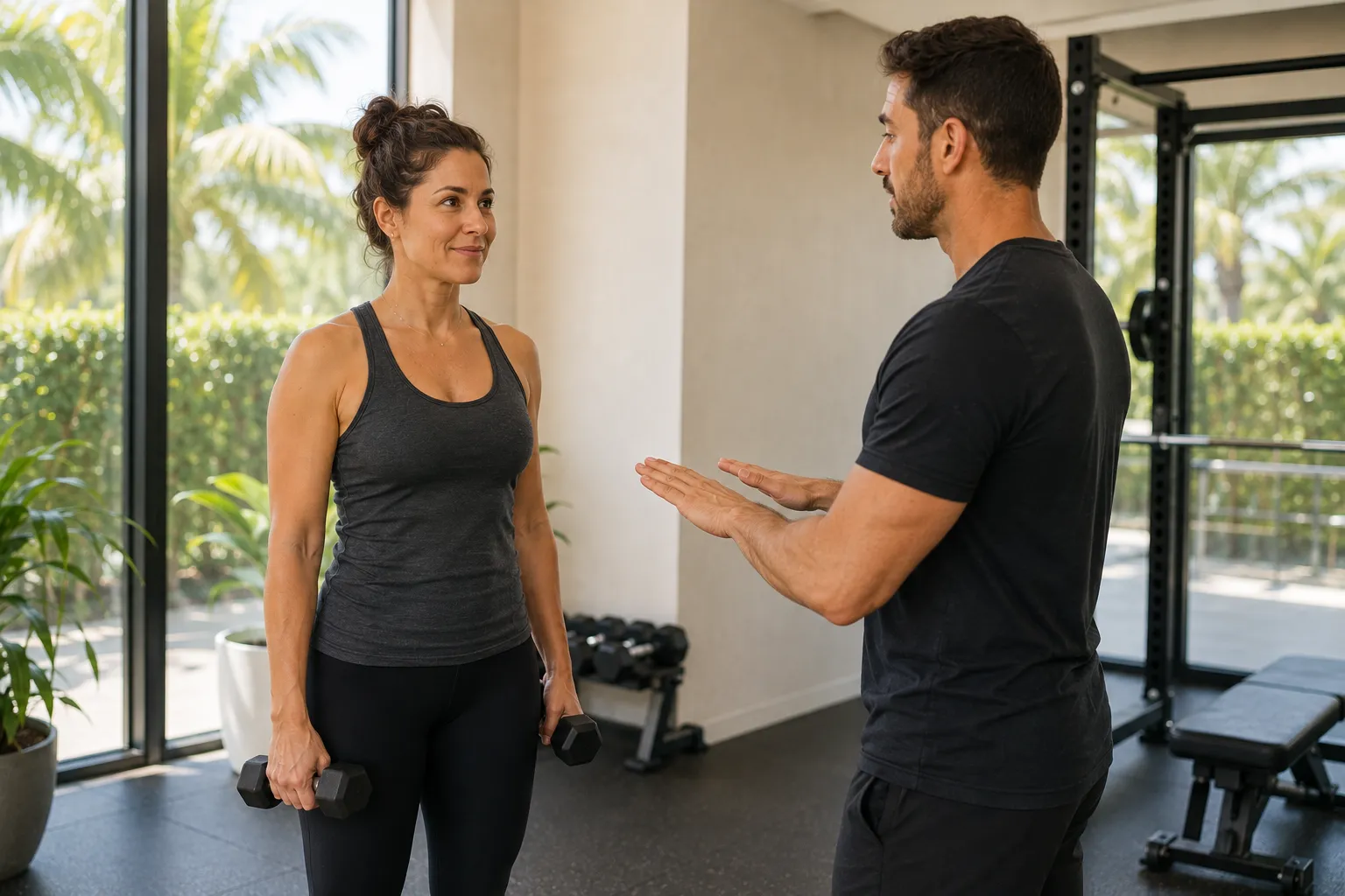 Beginner woman learning strength training with a personal trainer at a private gym studio in Brickell Miami