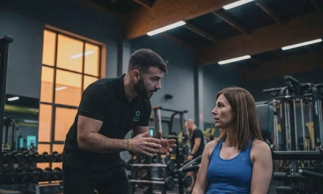 Inside a quiet, professional Miami studio, an experienced personal trainer in a black polo shirt provides focused, one-on-one guidance to a female beginner. They are engaged in a calm conversation about her training plan, illustrating the supportive, private environment at Dubail Fitness. The setting is away from the noise of a public gym, allowing for a personalized assessment and clear communication to help the client build confidence and master proper form.