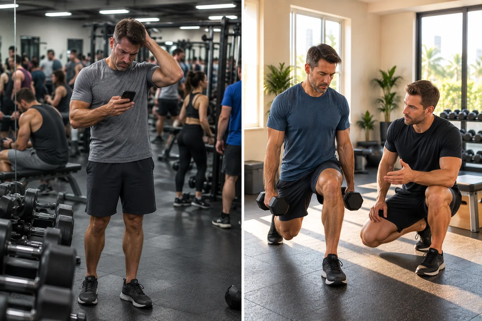 Comparison of solo gym workout versus personal training sessions at a private studio in Miami