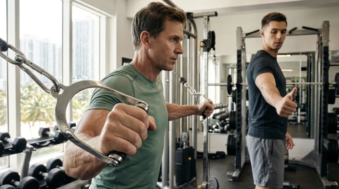 Inside a bright, 100% private Brickell personal training studio, a mature male client focuses on building upper body strength using a dual cable crossover machine. A professional personal trainer stands by his side, providing real-time form correction and encouraging guidance with a thumbs-up. Large floor-to-ceiling windows show a sunlit Miami skyline with palm trees, illustrating how data-driven, post-injury recovery programs help individuals safely transition from physical therapy back to an active lifestyle.