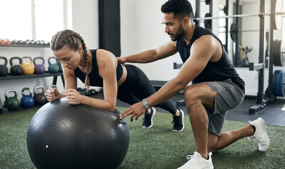 A professional male personal trainer in an all-black athletic set kneeling on a green artificial turf floor provides one-on-one form correction for a female athlete performing a plank on a large black stability ball. The focused, private session in a sunlit Miami Brickell studio underscores the article's point that expert coaching helps individuals achieve a strong, tight summer travel body efficiently and safely, away from crowded gyms.