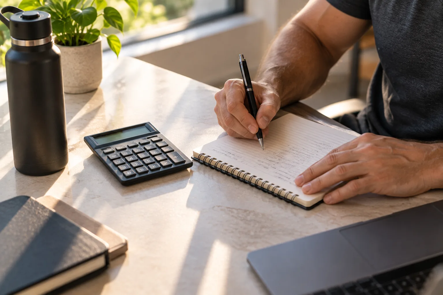 Person calculating return on investment of private personal trainer in Miami with notebook and calculator