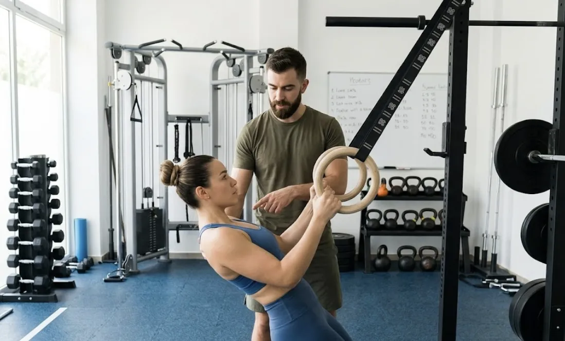 A professional personal trainer in an olive green shirt provides one-on-one form correction for a female athlete performing an inverted row on wooden gymnastic rings. The session takes place in a quiet, 100% private Brickell studio equipped with a power rack and weights, illustrating the calm and focused day-to-day routine of private training in Miami. Large windows provide natural light, highlighting the personalized coaching and movement assessments used to support strength and fat loss goals.