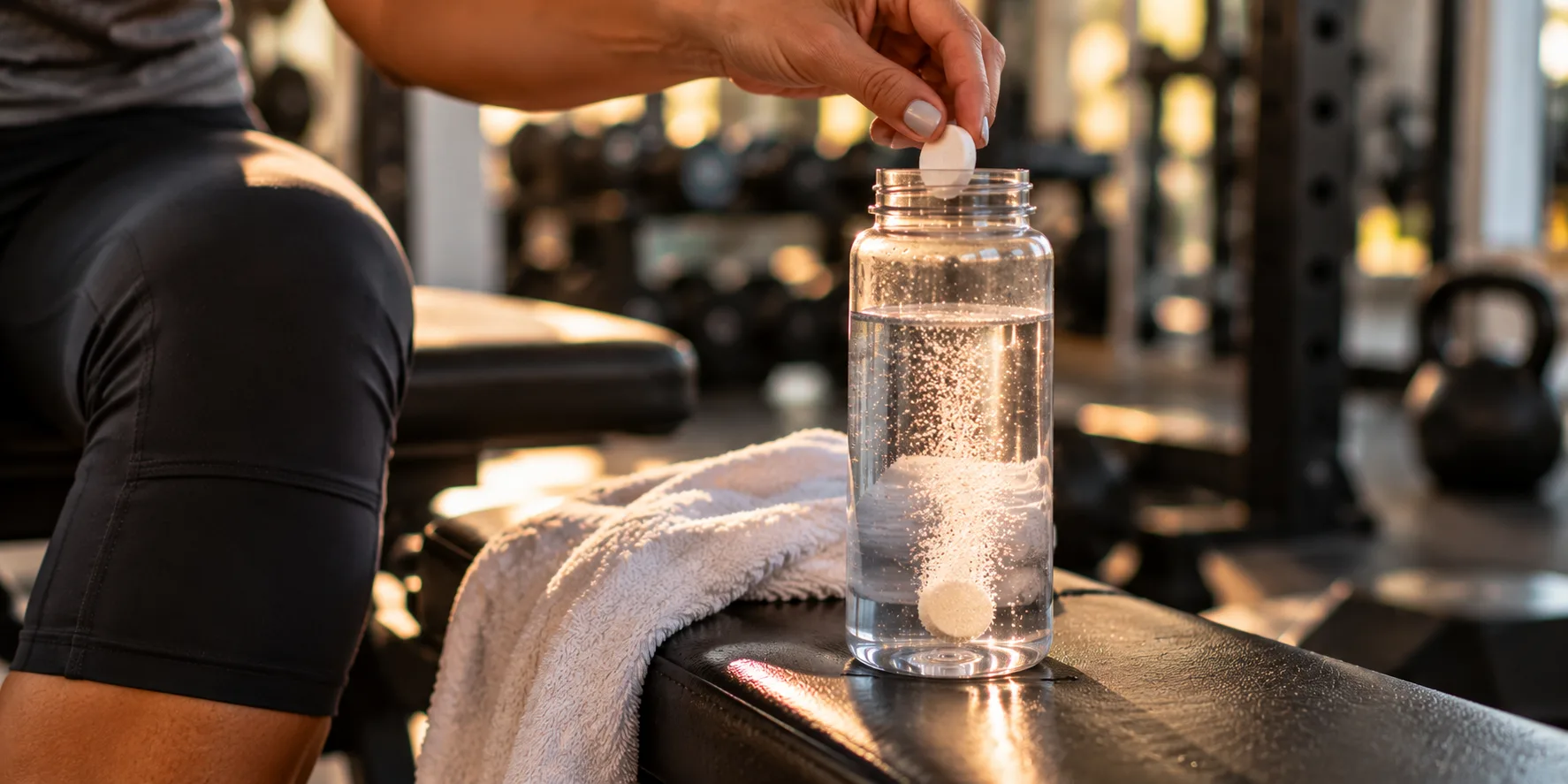 Electrolyte tablet dissolving in water bottle during resistance training program recovery in Miami