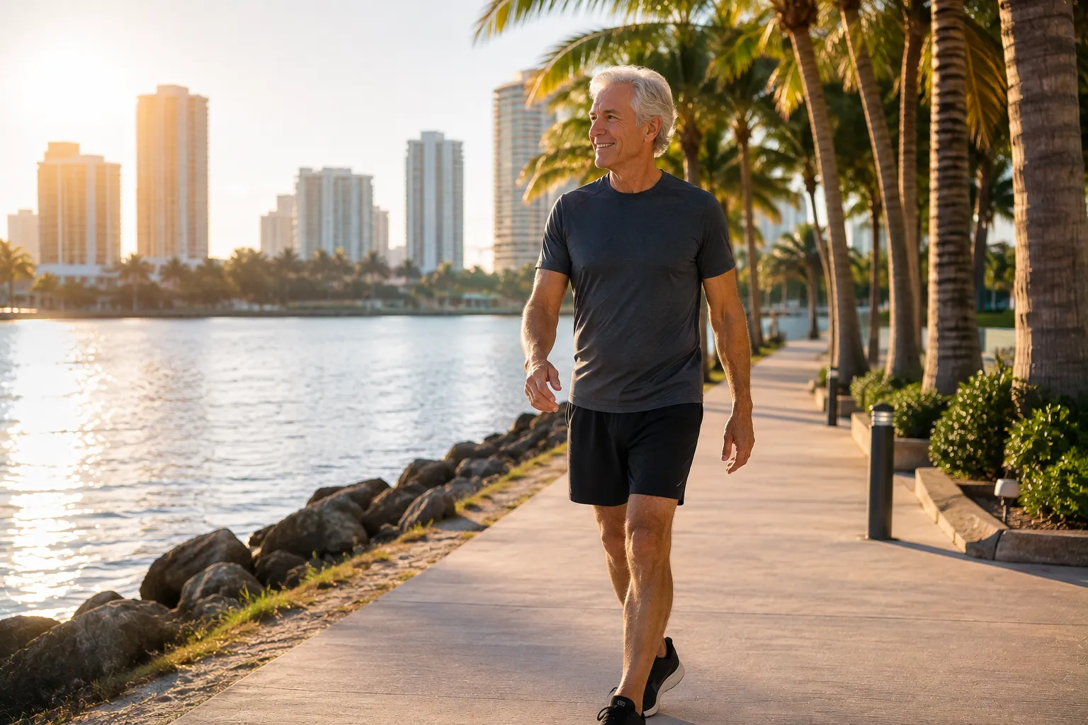 Active older man walking along Miami waterfront as part of retirement fitness planning and strength coaching program
