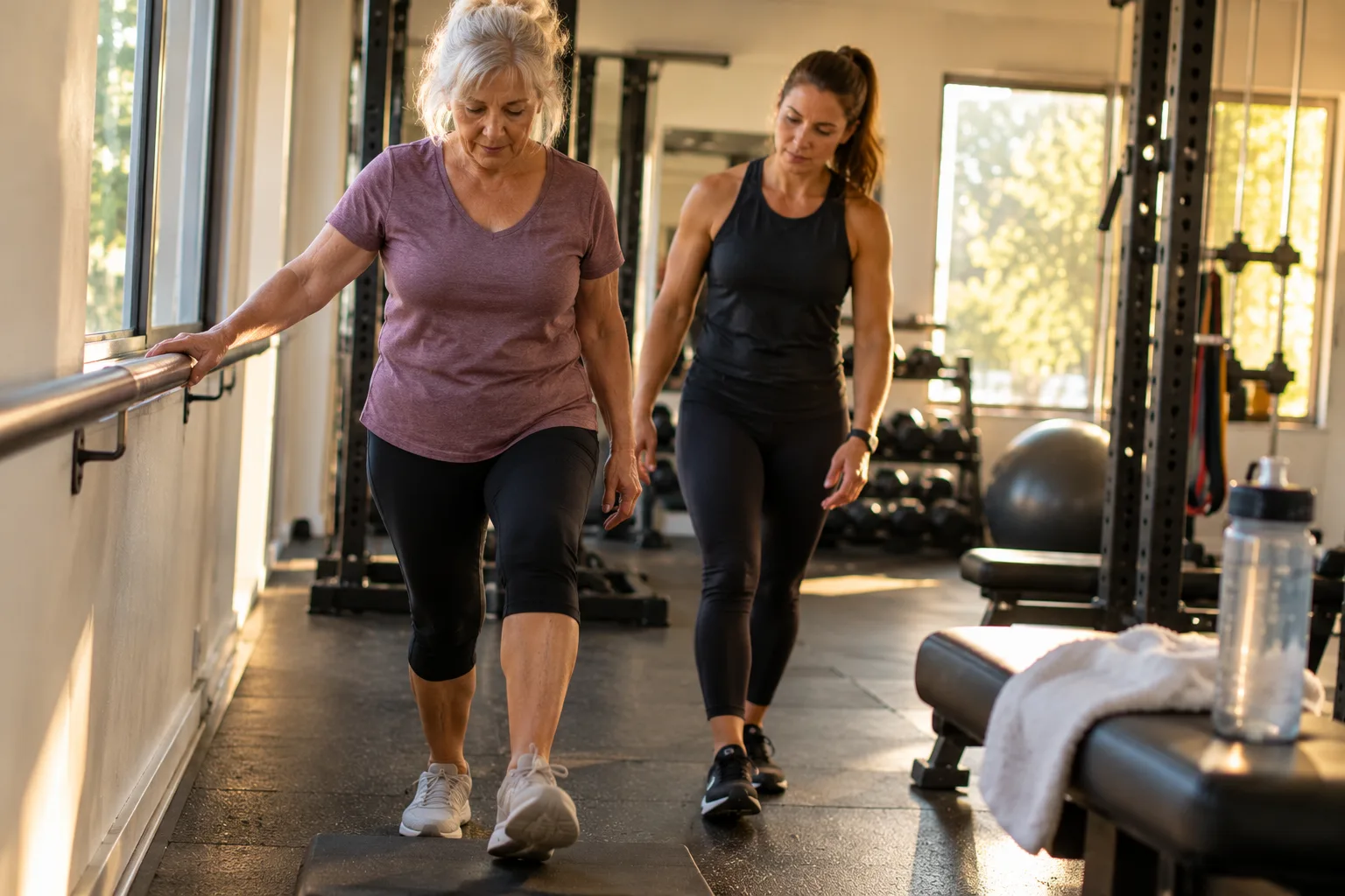 Older woman practicing indoor walking with senior fitness trainer during post fall recovery in Miami
