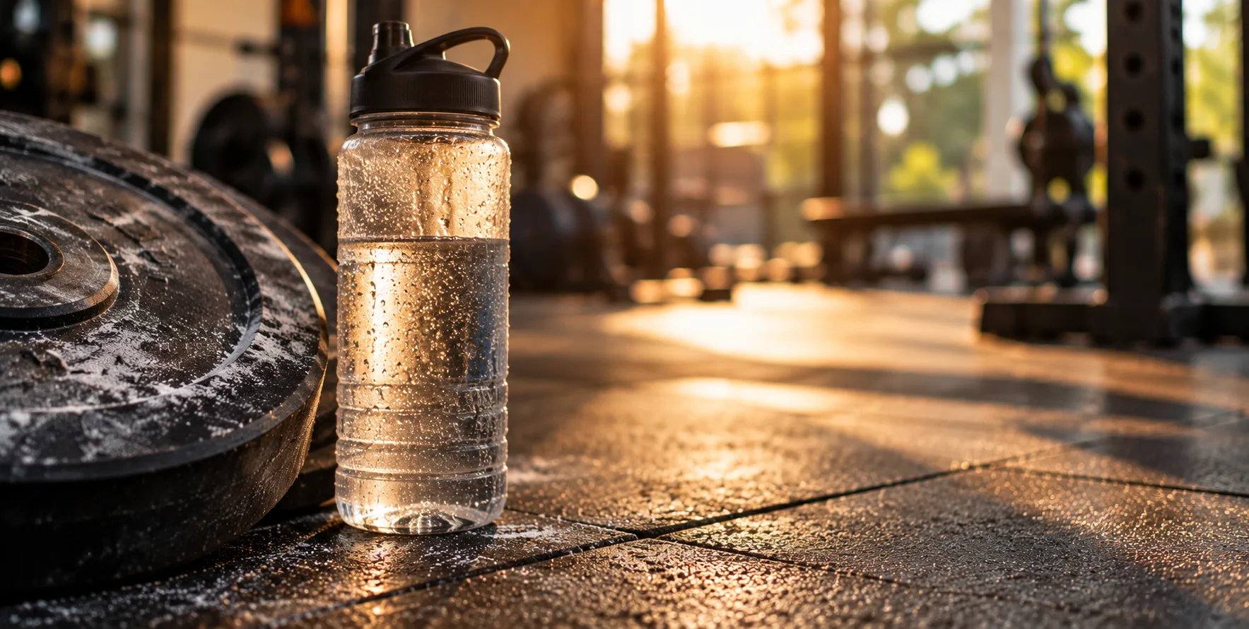 Water bottle and weight plate on gym floor during strength building program in Miami heat and humidity