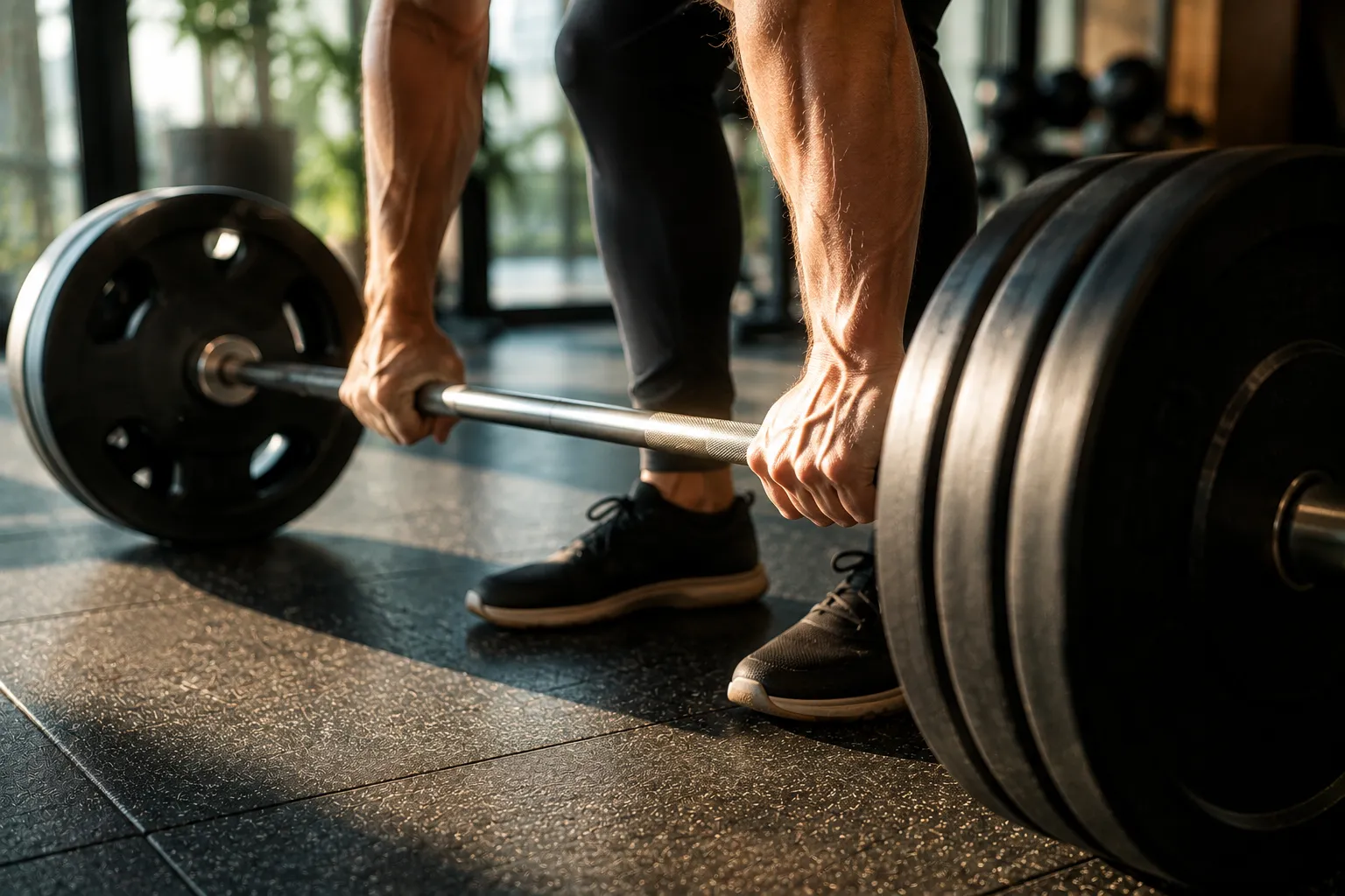 Athlete gripping barbell for strength and conditioning training at a private gym studio in Miami