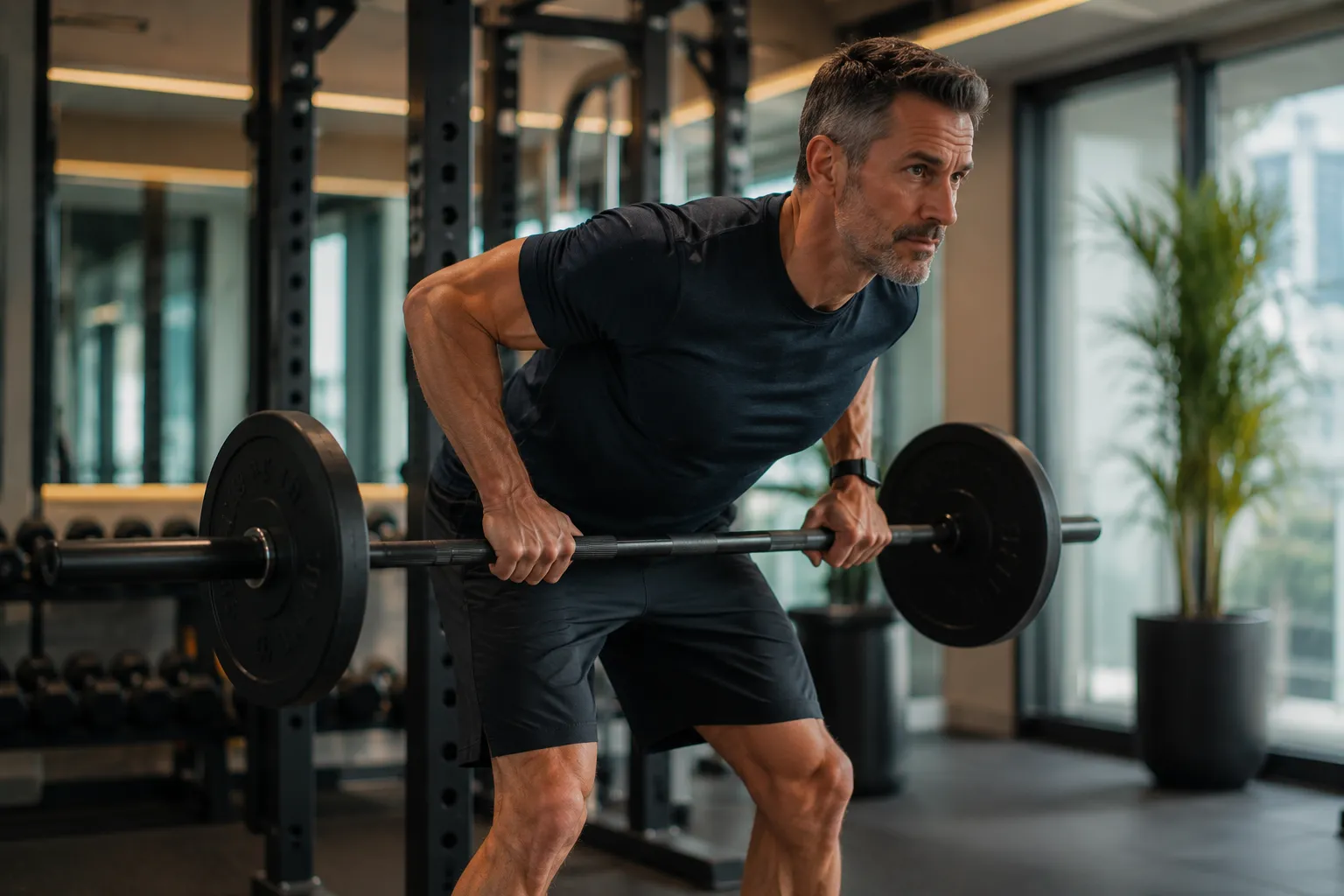 Man over 50 doing strength training with a barbell at a private gym in Brickell Miami