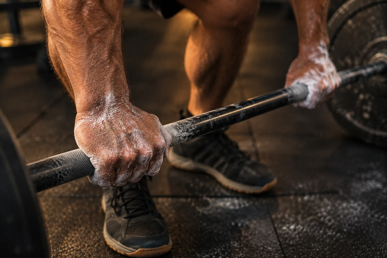 Chalked hands gripping barbell during strength training session with personal trainer in Miami