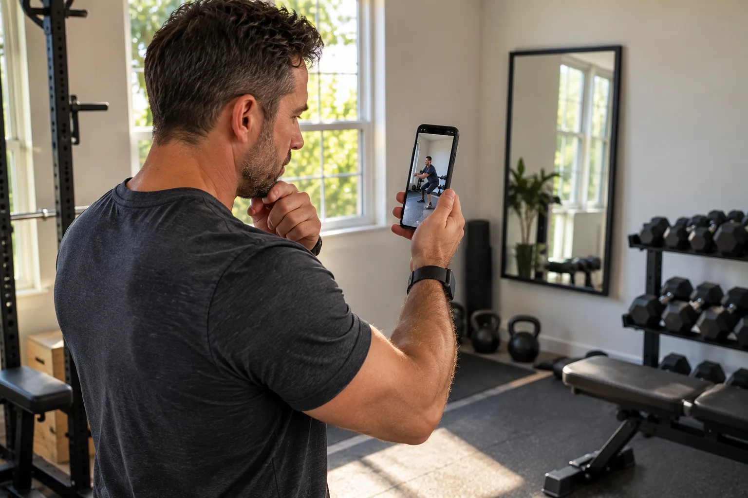 Man reviewing workout form footage on phone before working with a strength training personal trainer in Miami