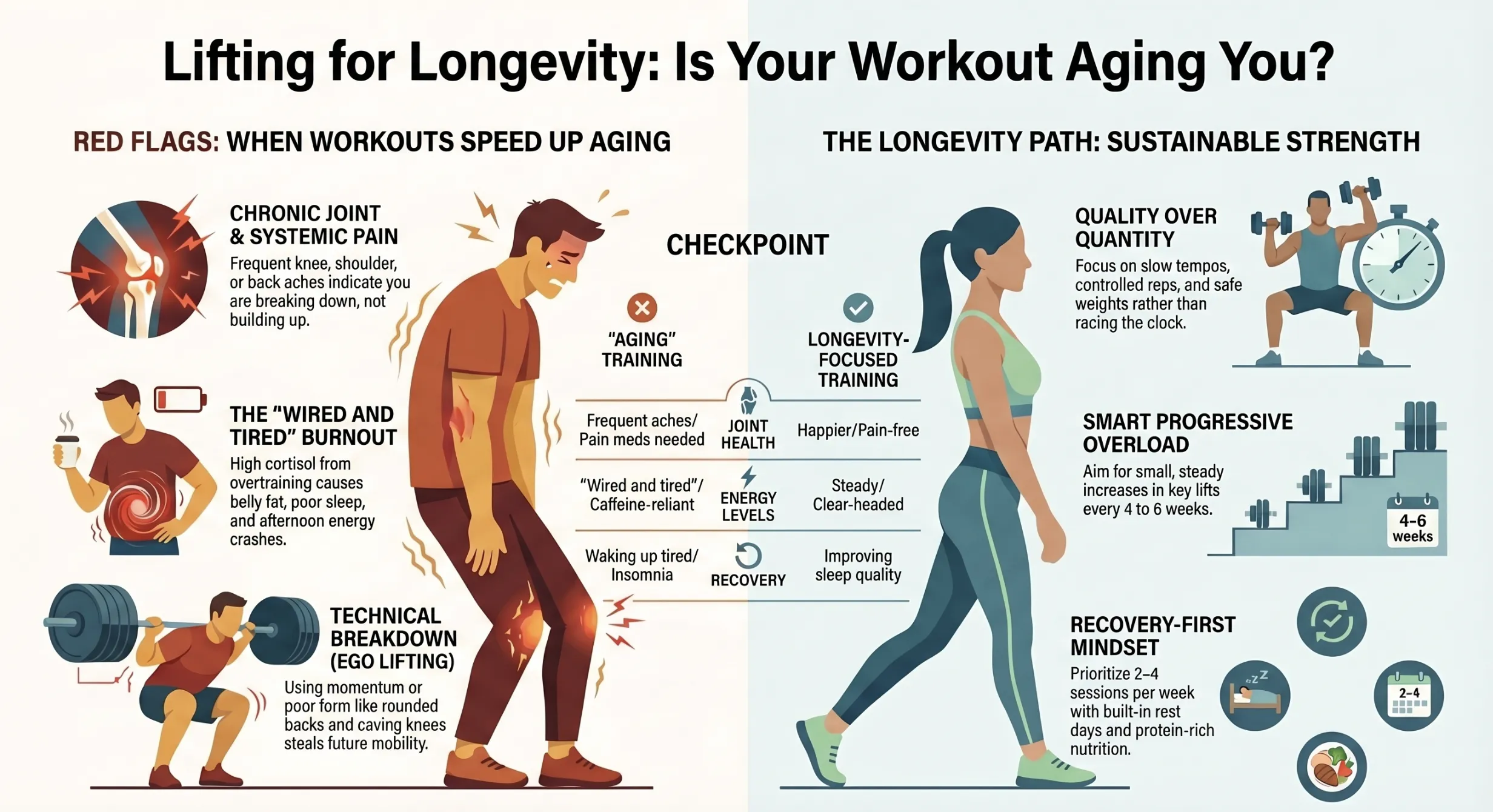 An educational infographic titled Lifting for Longevity: Is Your Workout Aging You? designed for Miami-based fitness enthusiasts. The left side, Red Flags, illustrates a man in pain with highlighted joint issues, a low battery icon for burnout, and poor lifting form. The right side, The Longevity Path, shows a woman in athletic wear walking confidently, highlighting quality over quantity, smart progressive overload, and a recovery-first mindset.